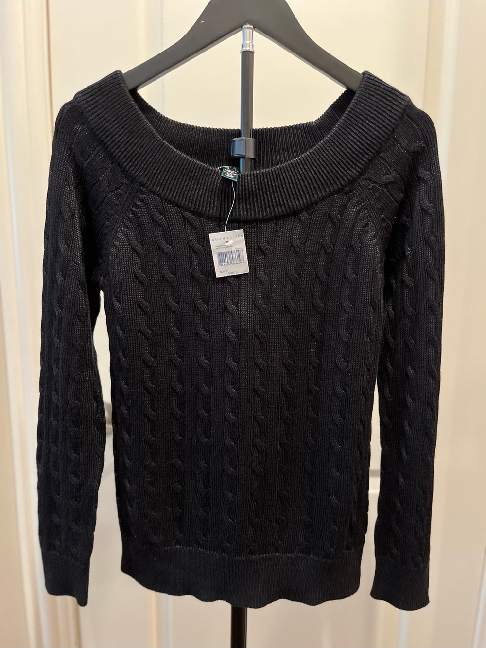 NWT Lauren Ralph Lauren Black Cable Knit Scoop Off-The-Shoulder Sweater S